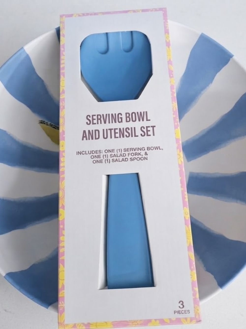 Blue Serving Bowl with Matching Utensils